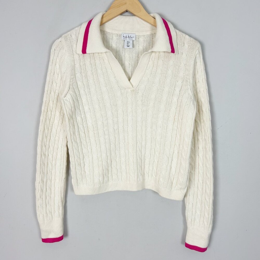 Nicole Miller Cable Knit Collared Polo Sweater Preppy Old Money Size Small Women